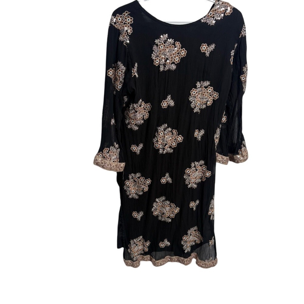 Black Embroidered Mirror Tunic Dress Boho Indie Festival Ethnic - Picture 2 of 8